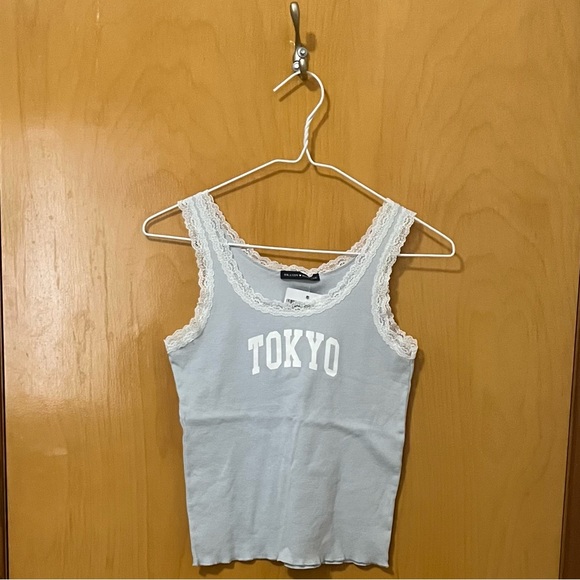Brandy Melville Light Blue Lace Trim Japan Exclusive “Tokyo” Tank Top - Picture 1 of 5